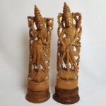 Vintage set of wooden Indian carving statues Hindu gods Lakshmi and Vishnu